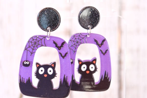 Abstract Shape Halloween Cute Cat Glitter Acrylic Purple Holiday Women Girls Dangle Earrings Emo Goth Steampunk