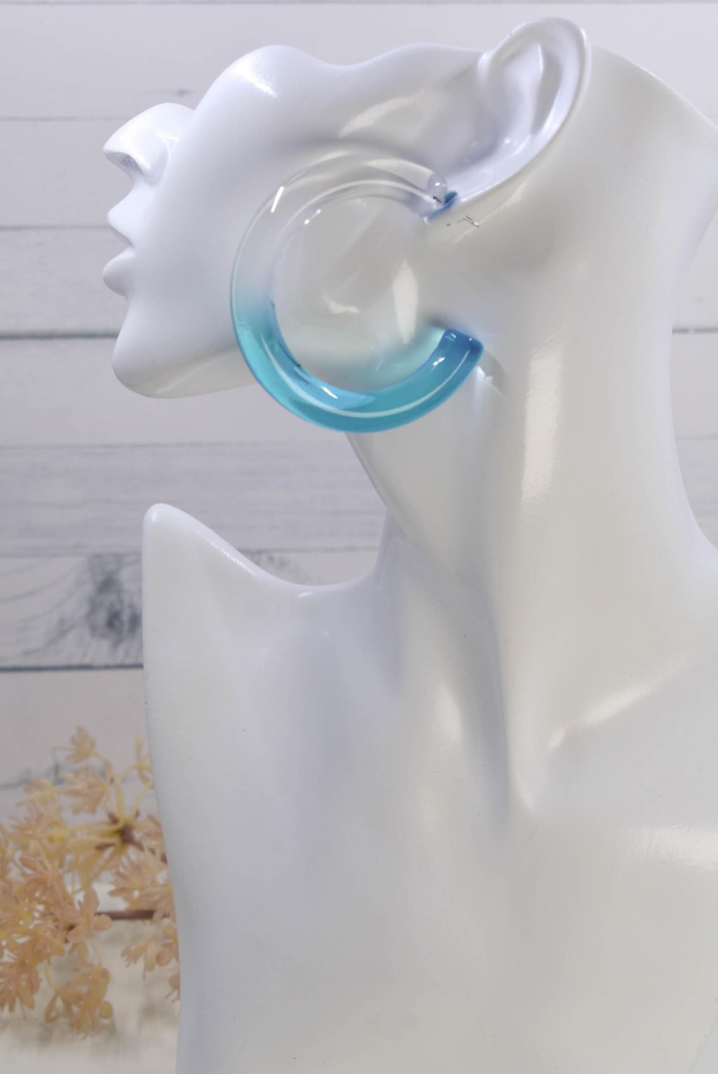 Translucent Gradient Clear & Light Blue Retro Boho Statement Chunky Lucite Ombre Hoop Earrings Fun Earrings Costume Accessories Womens Hoops