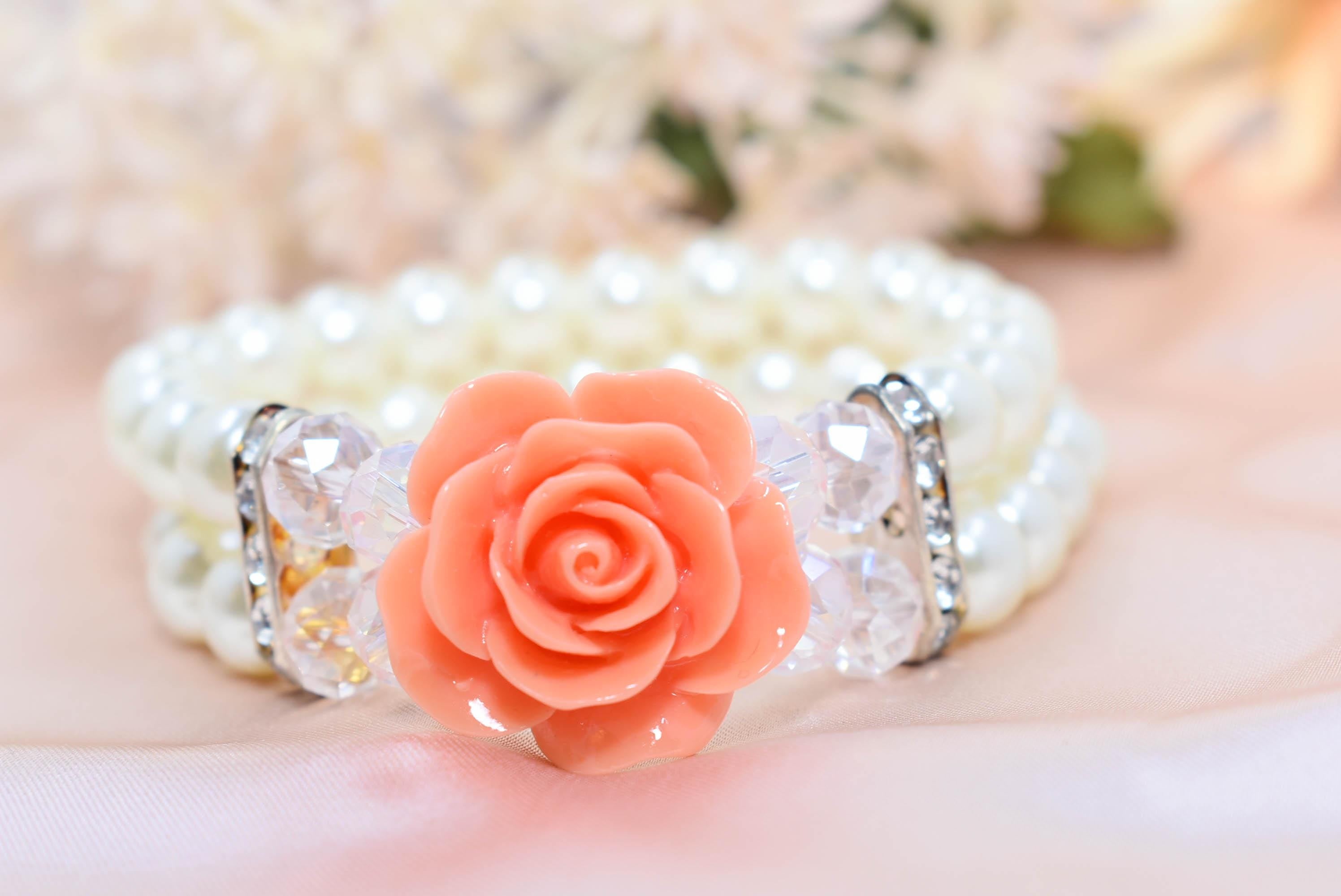 Elegant Double Strand Faux Pearl Crystal Bead Coral Rose Charm Stretch Bracelet