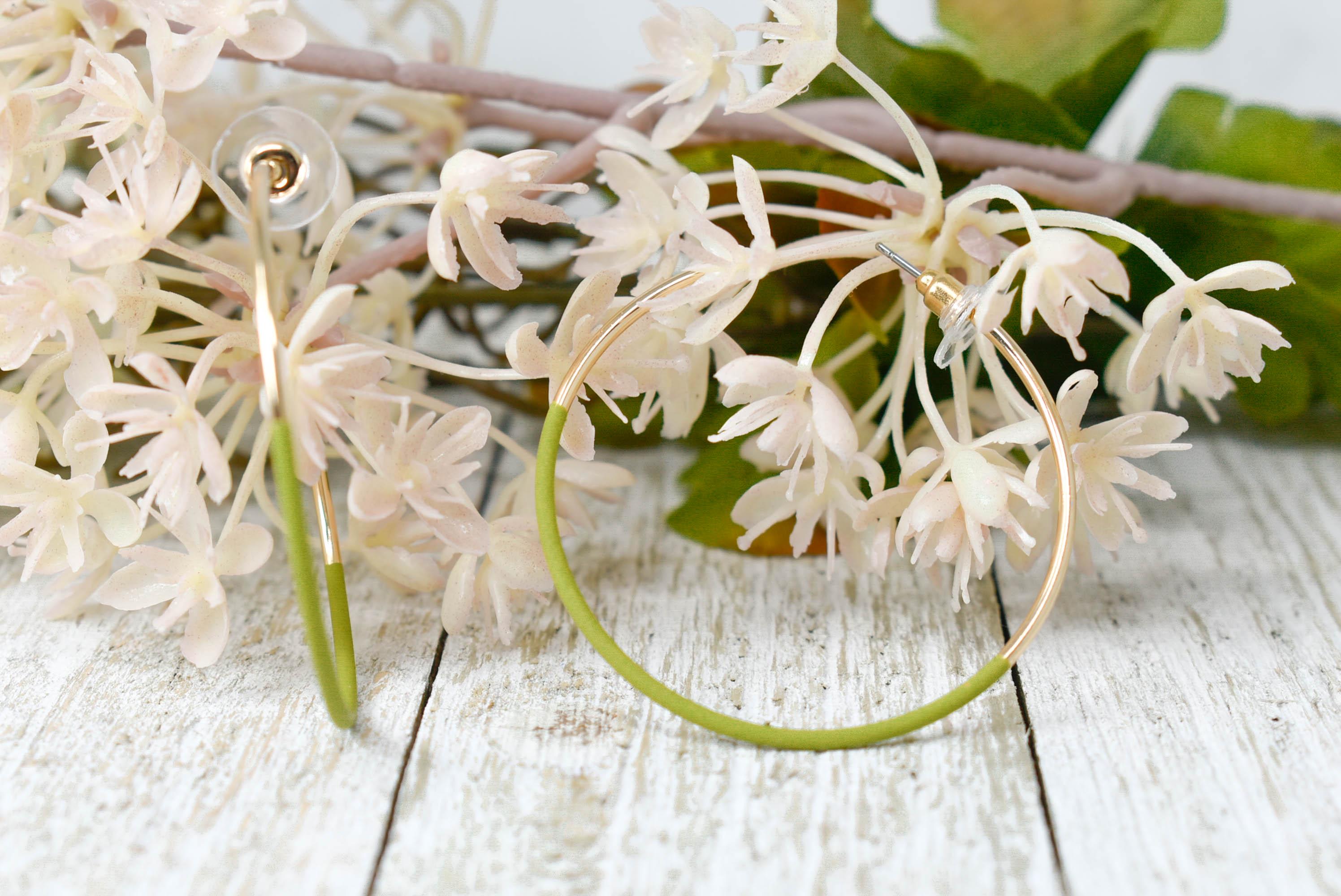 Bohemian Lightweight 1.75" Gold Tone Hoop Earrings Featuring Part Olive Green Matte Coating Midway Summer Fashion Classic Earrings
