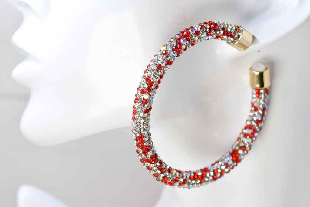 2.5" Ladies Bohemian Multi Tone Red  Clear Rhinestone Sparkle Wrap Pave Open Hoop Earrings Stone Accent Women Party Night Out Bling