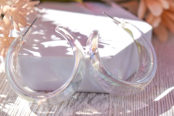 Translucent Iridescent Film Coating Clear Boho Women's Semi Wide Hoop Earrings
