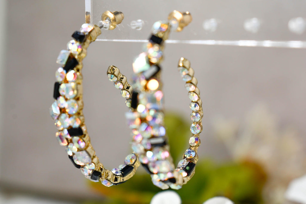 Bling Diva Semi Oblong Gold Tone AB Iridescent, Clear and Black Rhinestone Embellished Hoop Earrings Fashion Accessory Pageant Jewelry