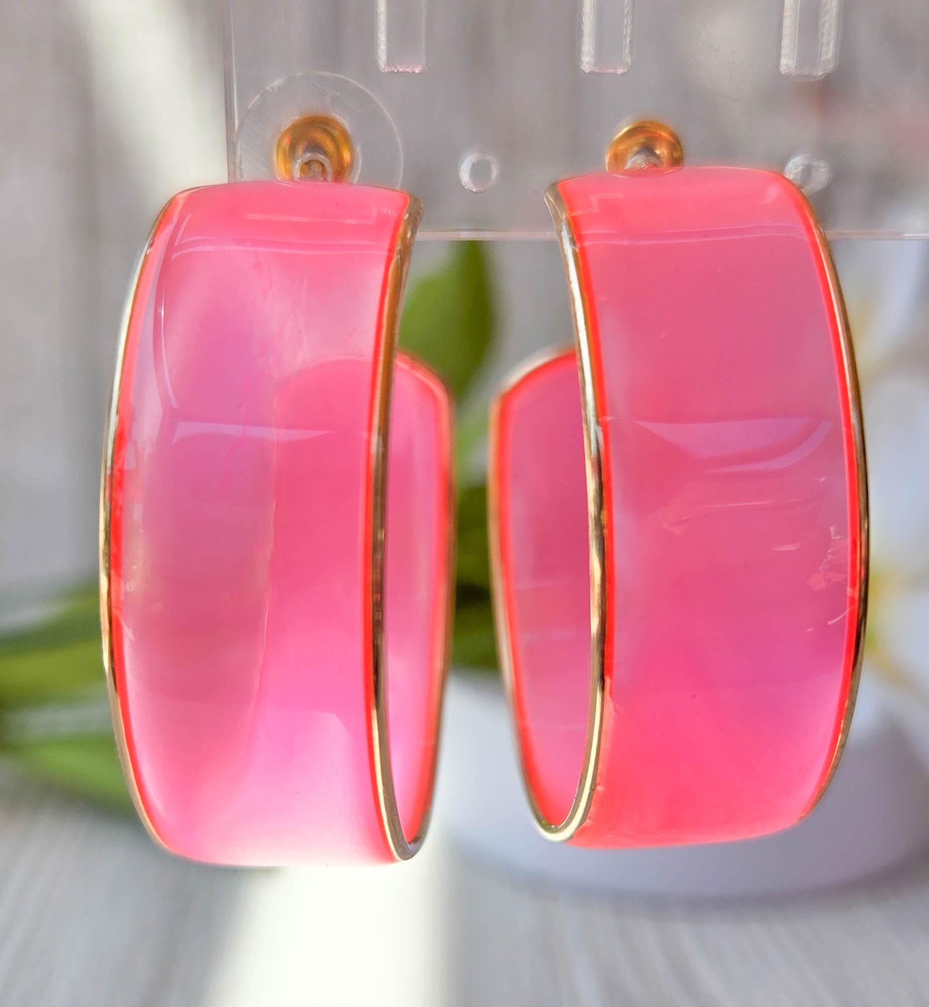 80's Fun Retro Vibes Gold Color Trim Translucent Neon Pink Boho Statement Hoop Earrings