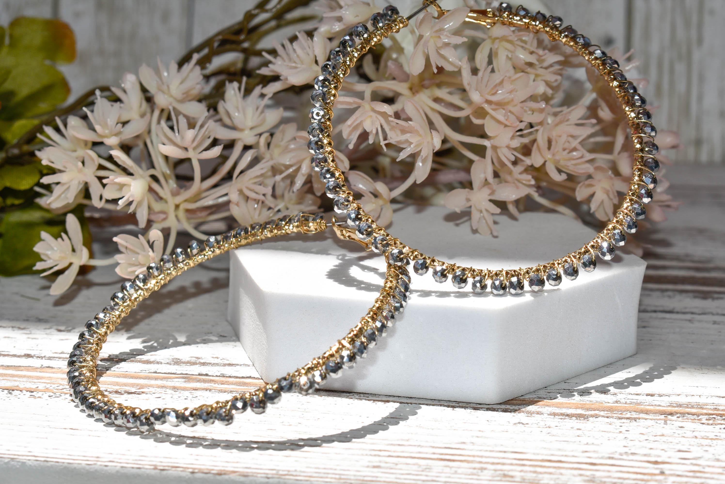 Statement Boho Hematite Gray Mini Crystal Glass Beads 2.75" Gold Tone Hoop Earrings Stylish Jewelry Women's Fashion Diva Accessory Pageant