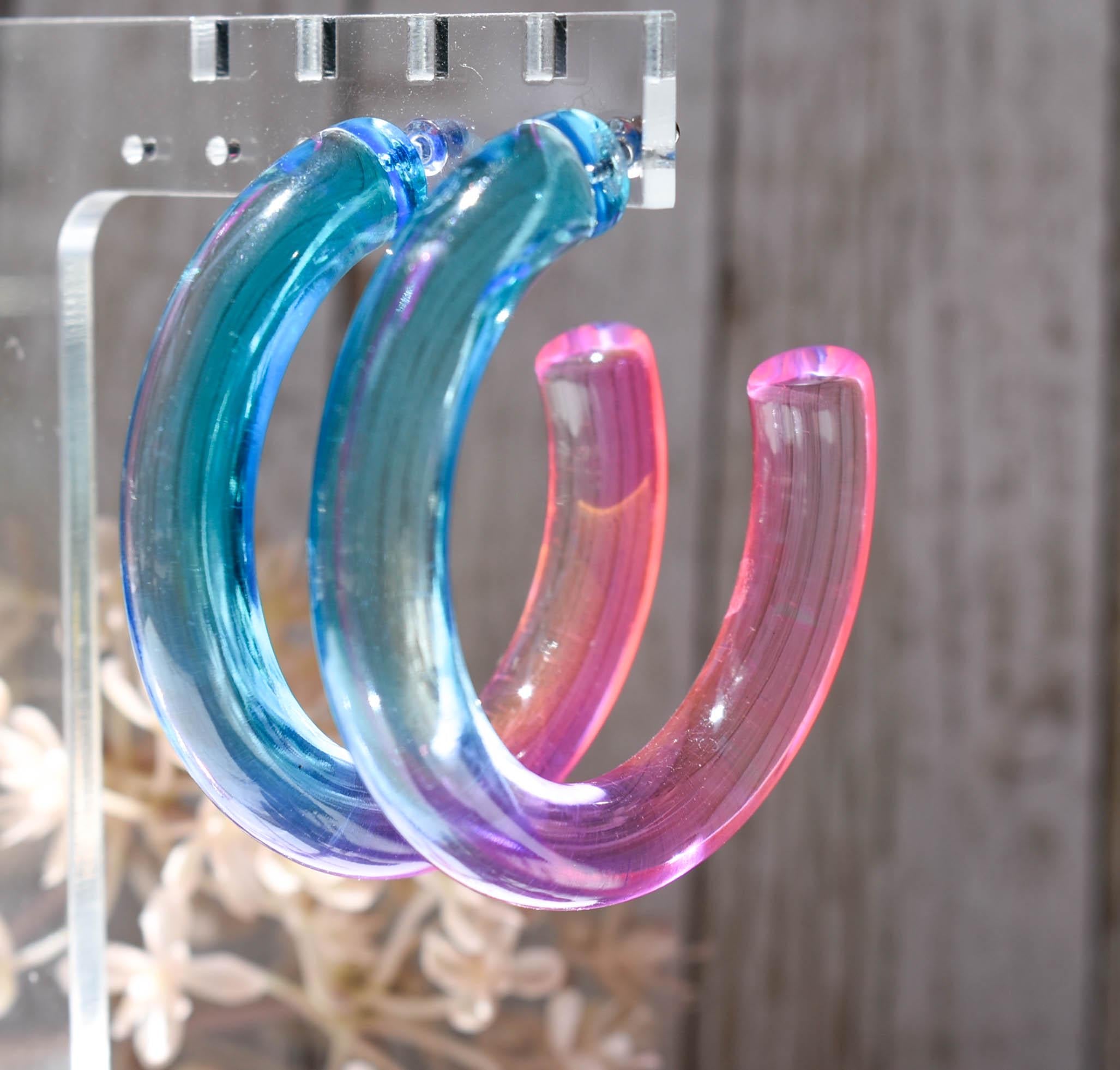 Translucent Gradient Blue Purple Pink Retro Boho Statement Chunky Lucite Ombre Hoop Earrings Fun Earrings Costume Accessories Womens Hoops