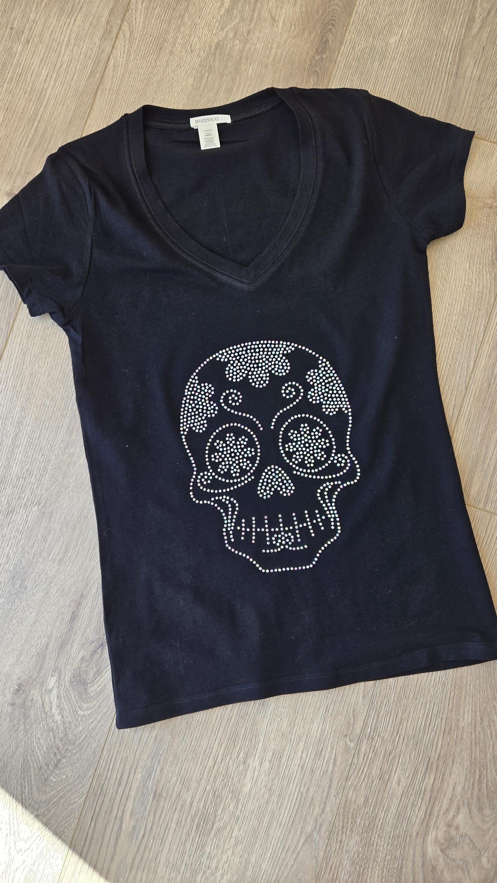 Iridescent Bling Sugar Skull Rhinestone Embellished V Neck T Shirt Dia De Los Muertos