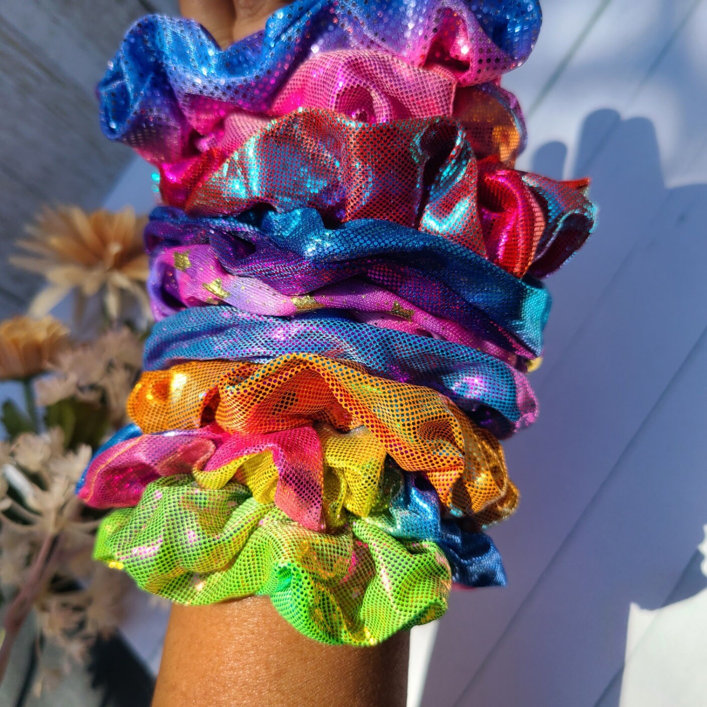 Set of 10 Retro 80's Metallic Hair Pony Tail Scrunchies for Women, Summer Hair Ties, Hair Accessories for Long Hair