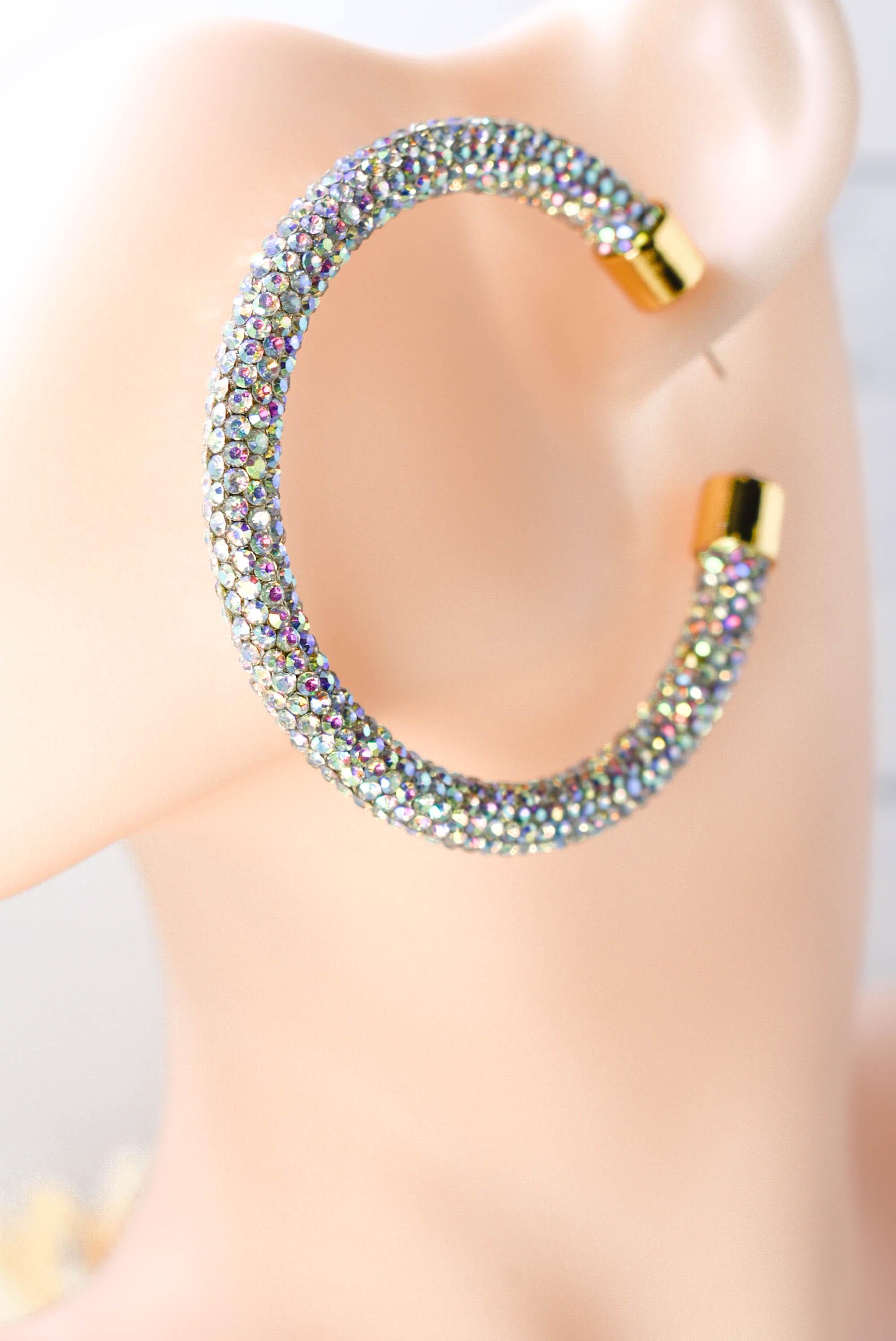 2.5" Ladies Bohemian Clear Iridescent Rhinestone Sparkle Wrap Pave Open Hoop Earrings Stone Accent Women Party Night Out