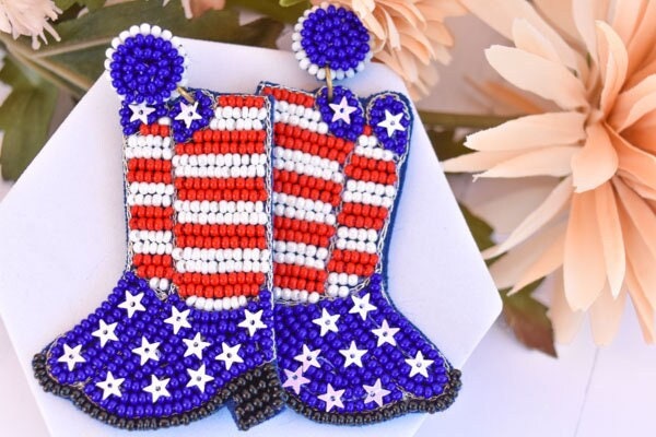 Statement Diva American Flag Patriotic Boots Red White & Blue 2.75" Drop Dangle Seed Bead Earrings