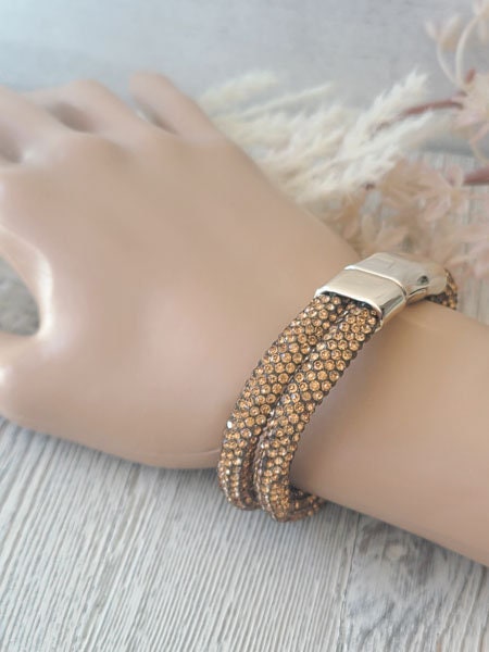 Topaz Gold Color Pave Rhinestones Flexible Cuff Bangle Magnetic Bracelet Statement Bling Fashion Pageant Night Out Wedding