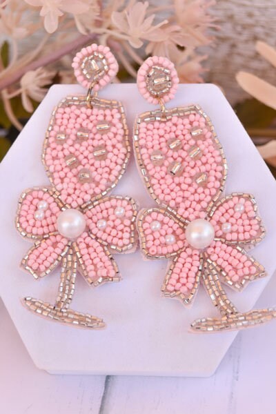 Bachelorette Bridal Shower Statement Pink Seed Bead Bow Accent Champagne Flute Glass Dangle Drop Earrings Women Weddings Bride
