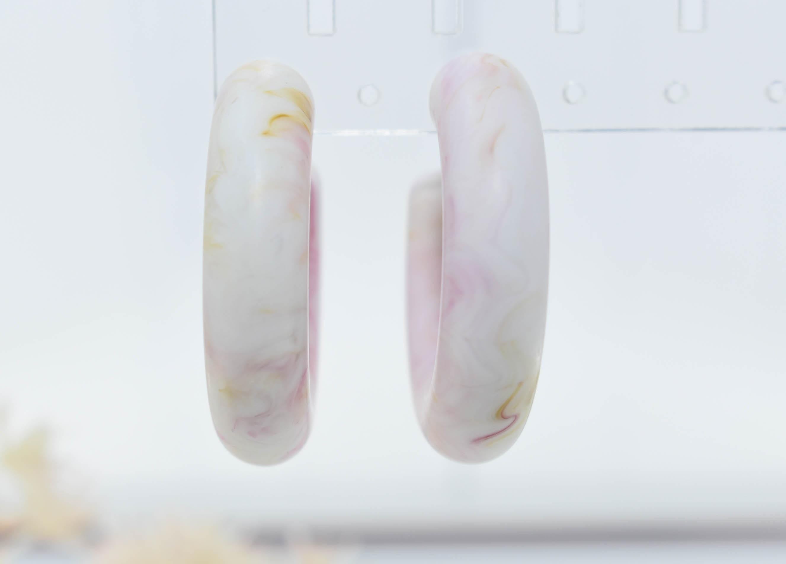 White Marbled Color Bohemian Retro Lightweight Lucite 1.5" Semi Chunky Hoop Earrings Womans Gift Dress Night Out