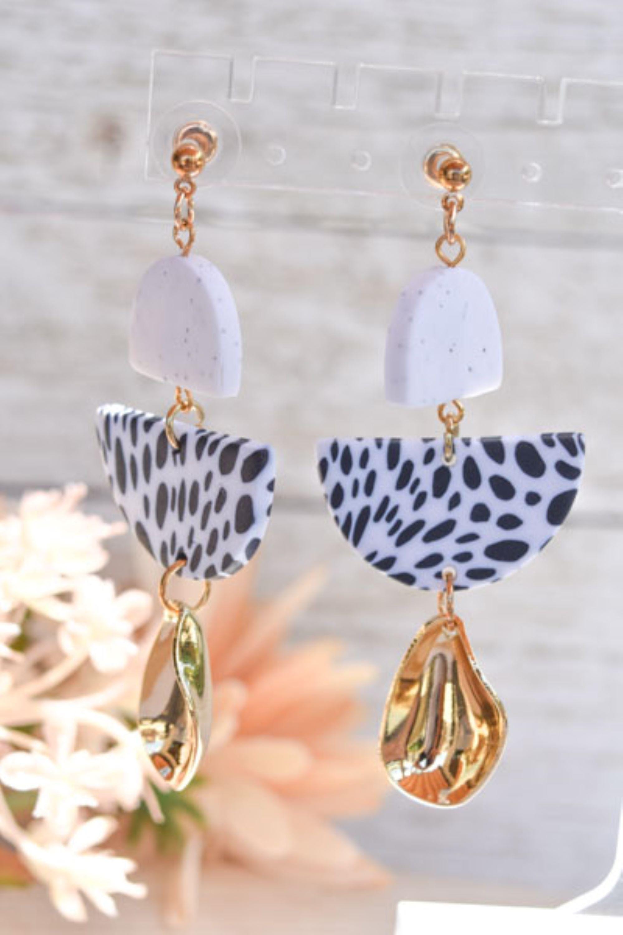 Boho Fashion Statement Handmade Polymer Clay "Aria Dalmatian" Dangle Drop Earrings Gifts Women Polka Dot