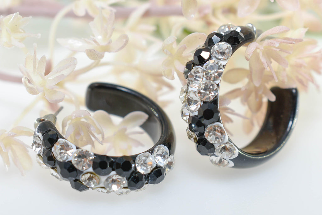 Black Bling Statement Acrylic Lucite Clear/Black Rhinestones 1.25" Women's Hoop Earrings with White Paint Accent Pageant Weddings Night Out