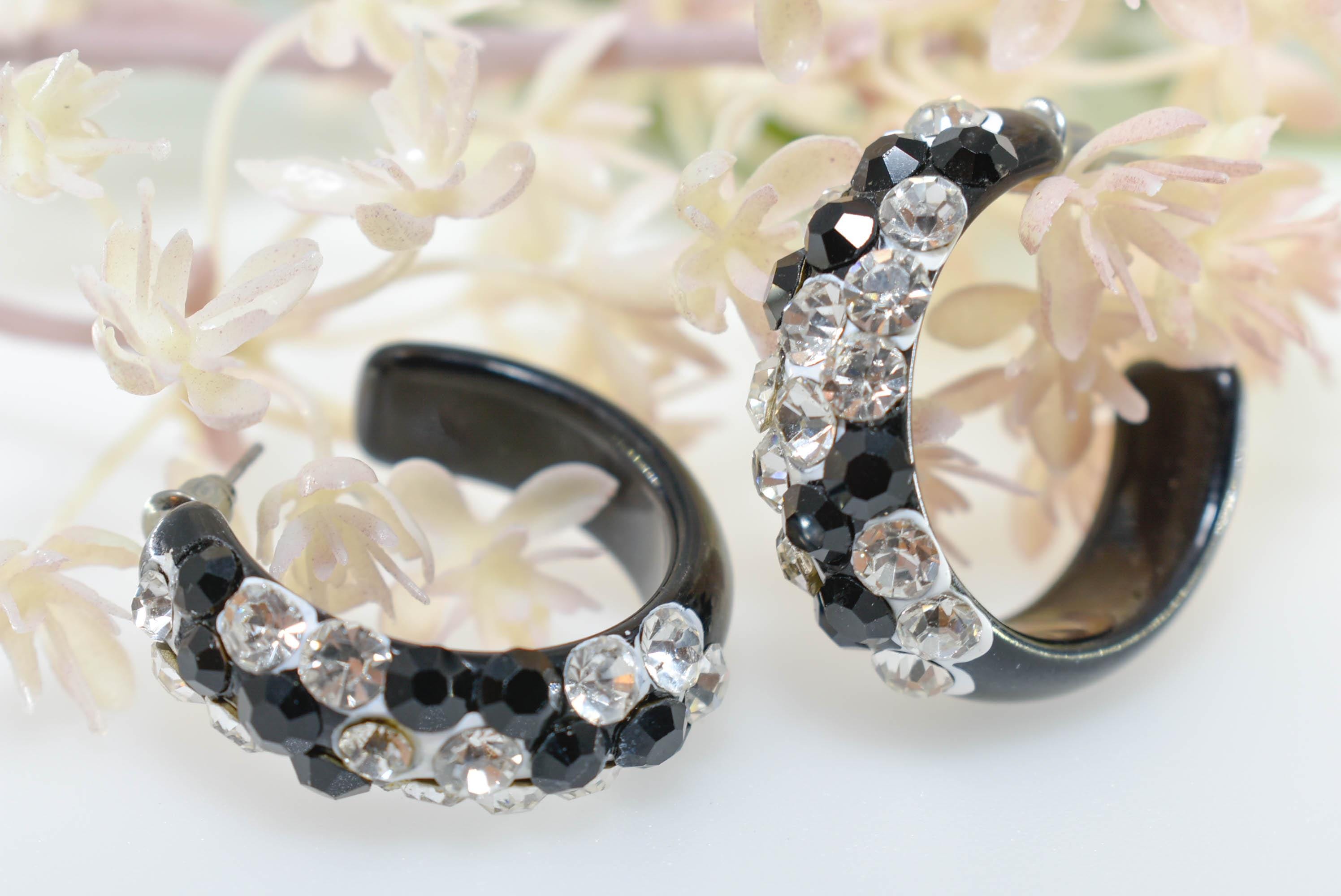 Black Bling Statement Acrylic Lucite Clear/Black Rhinestones 1.25" Women's Hoop Earrings with White Paint Accent Pageant Weddings Night Out