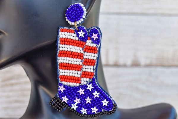 Statement Diva American Flag Patriotic Boots Red White & Blue 2.75" Drop Dangle Seed Bead Earrings