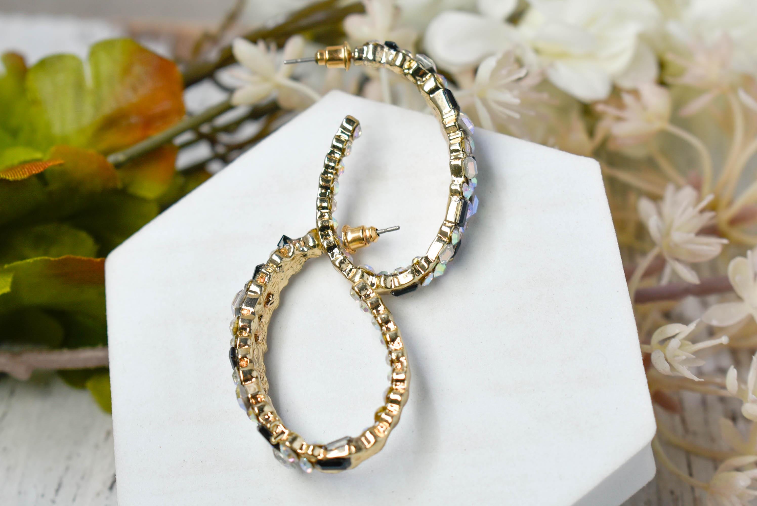 Bling Diva Semi Oblong Gold Tone AB Iridescent, Clear and Black Rhinestone Embellished Hoop Earrings Fashion Accessory Pageant Jewelry