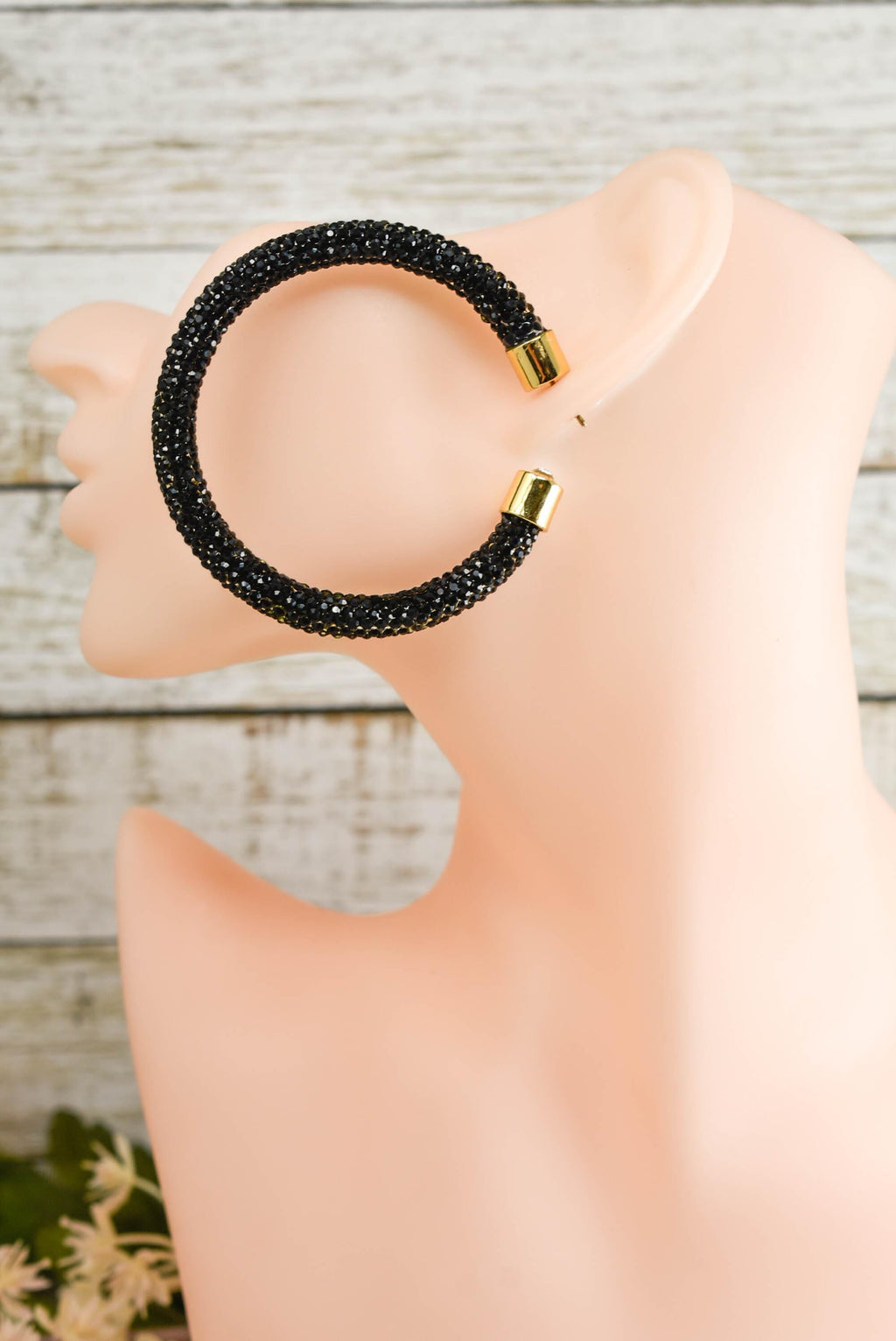 2.5" Ladies Bohemian Black Rhinestone Sparkle Wrap Pave Open Hoop Earrings Stone Accent Women Party Night Out