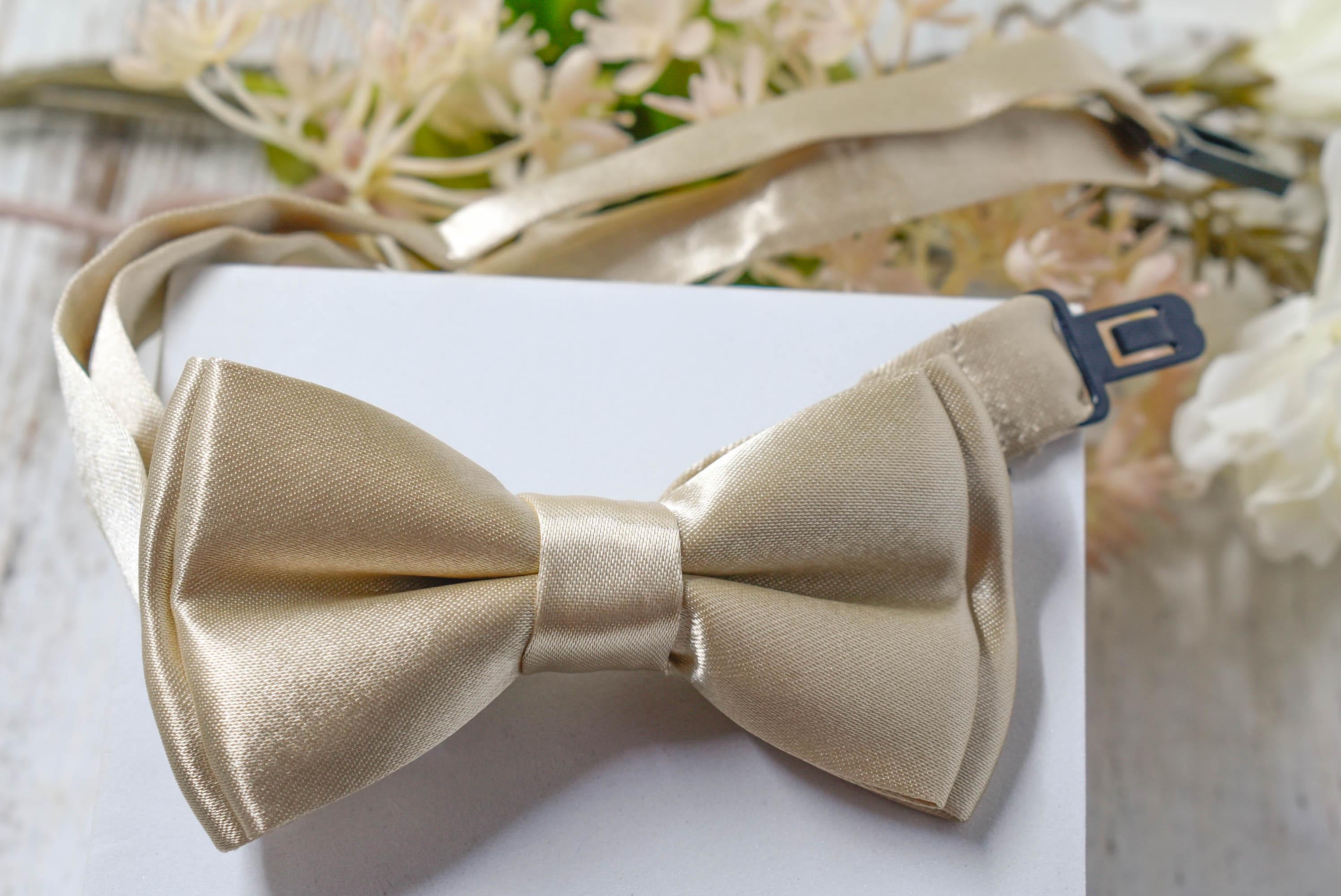 Kids Children's Satin Bow Tie Light Gold Champagne Adjustable Neck Length Formal Attire Wedding Ceremony