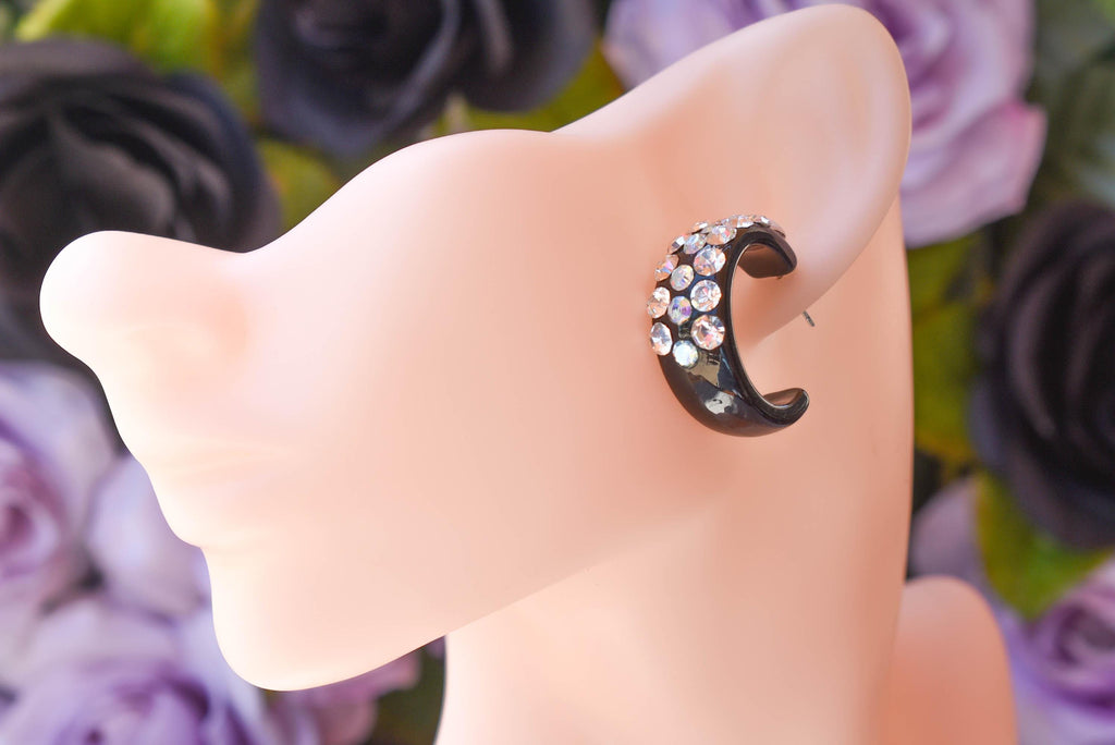 Black Bling Statement Semi Wide Clear/AB Rhinestones 1" Women's Hoop Earrings Pageant Weddings Night Out Diva Pageant