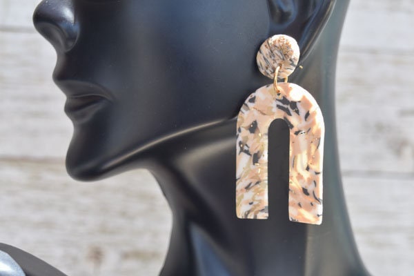 Boho Fashion Statement Handmade Polymer Clay "Avery Rebel" Gold Flakes Dangle Earrings Gifts Women