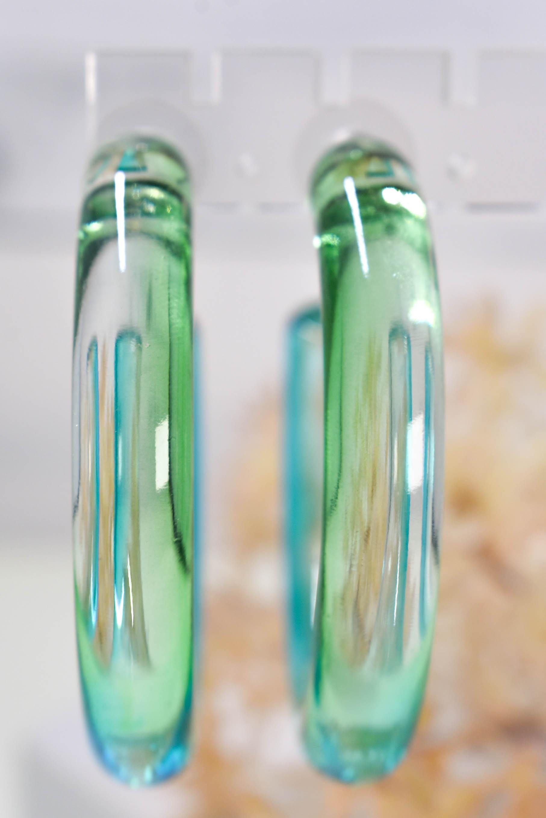 Statement Gradient Light Green to Light Blue Chunky Lucite Translucent Ombre Boho Hoop Earrings