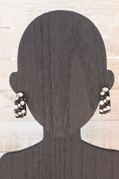 Black Bling Statement Semi Wide Lucite Black/Clear Diagonal Rhinestones 1" Women's Hoop Earrings Pageant Weddings Night Out Diva Pageant