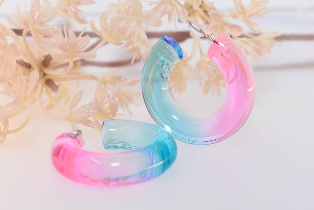 Translucent Gradient Pink Blue Retro Boho Semi Chunky Lucite Ombre Jelly 1.5" Hoop Earrings