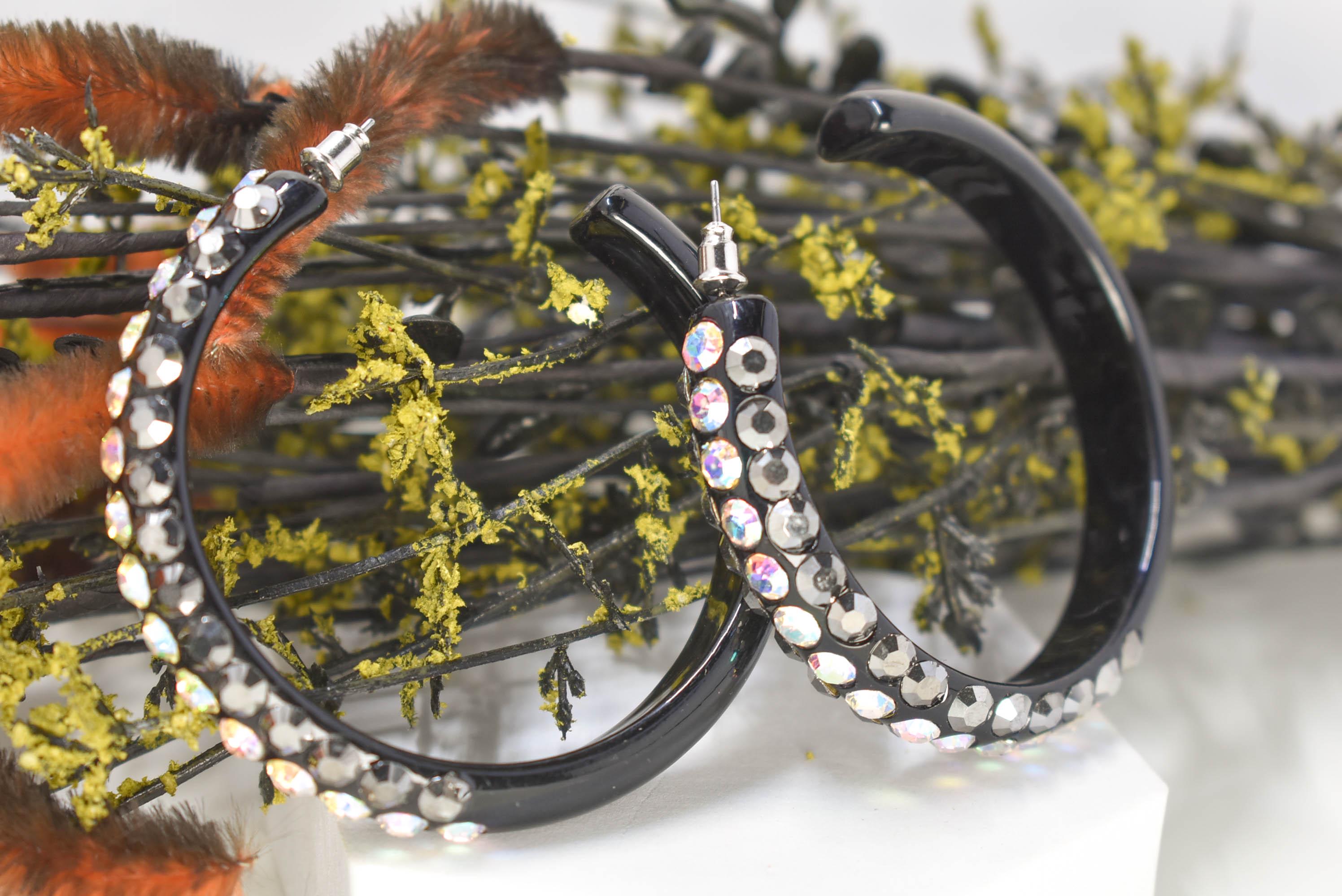 Black 3 Row Bling Statement Acrylic Lucite Hematite Gray/AB Rhinestones 2.5" Women's Hoop Earrings Pageant Weddings Night Out