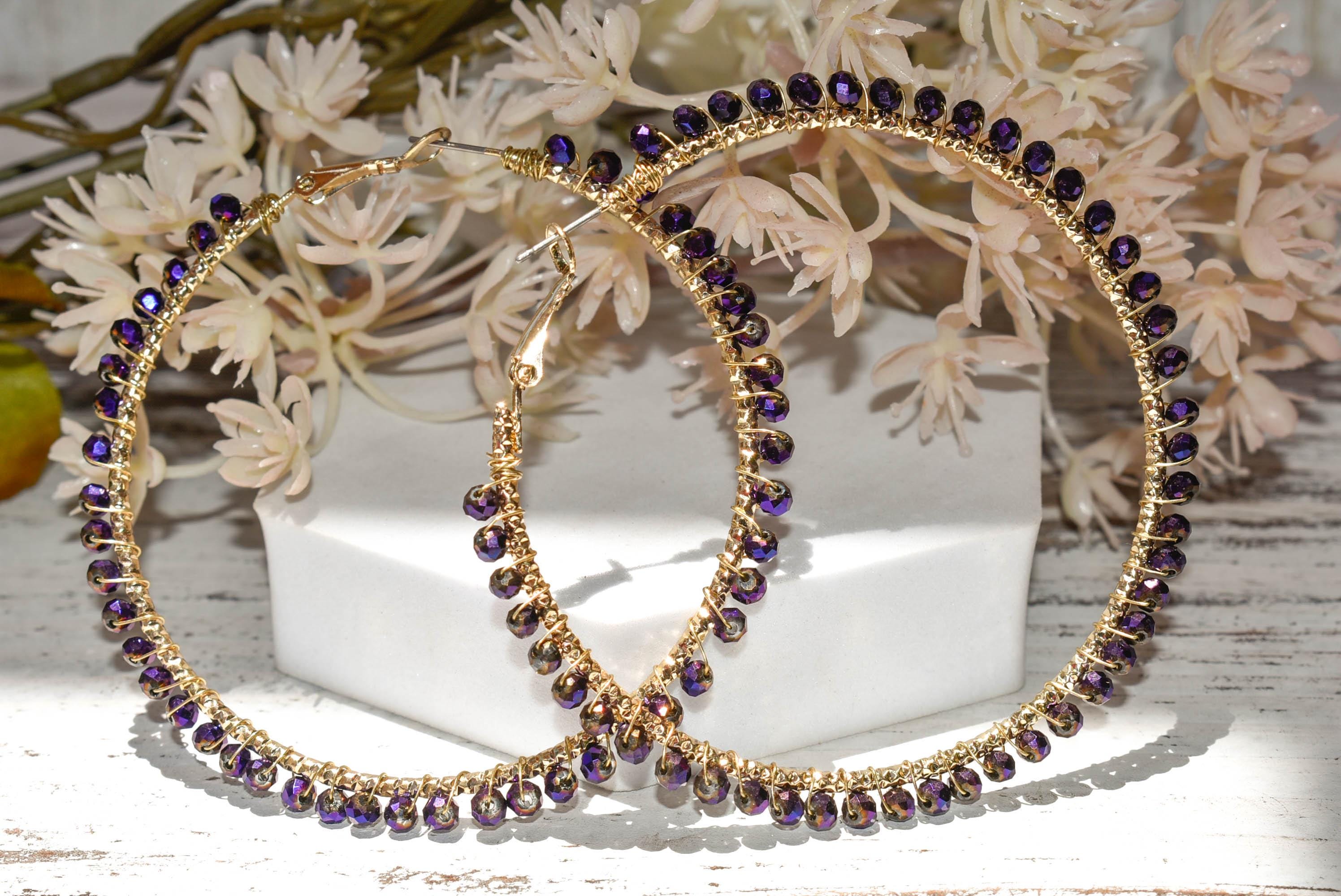 Boho Hematite Purple Mini Crystal Glass Beads 2.75" Gold Tone Hoops