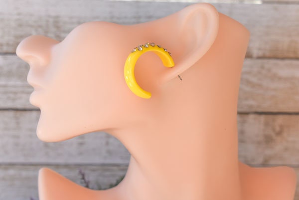 Yellow 3 Row Bling Statement Acrylic Lucite AB/Clear Rhinestones 1" Women's Hoop Earrings Pageant Weddings Night Out Diva Pageant