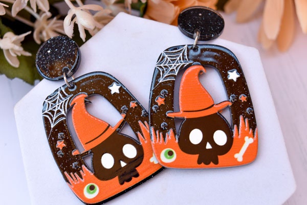 Abstract Shape Halloween Cute Skull Witch Hat Glitter Acrylic Holiday Women Girls Dangle Earrings Emo Goth Steampunk