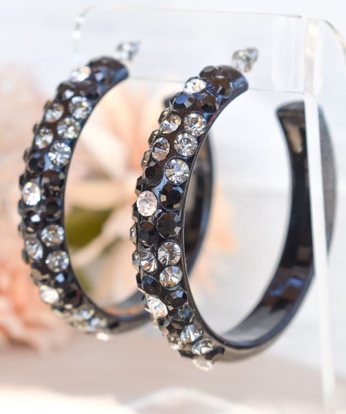 Black Diagonal Pattern Statement Acrylic Lucite Clear-Smoke-Black Rhinestones 2.5" Women's Hoop Earrings Pageant Weddings Night Out