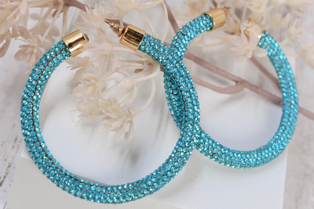 2.5" Ladies Bohemian Blue  Rhinestone Sparkle Wrap Pave Open Hoop Earrings Stone Accent Women Party Night Out