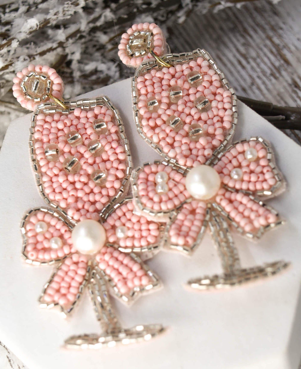 Bachelorette Bridal Shower Statement Pink Seed Bead Bow Accent Champagne Flute Glass Dangle Drop Earrings Women Weddings Bride