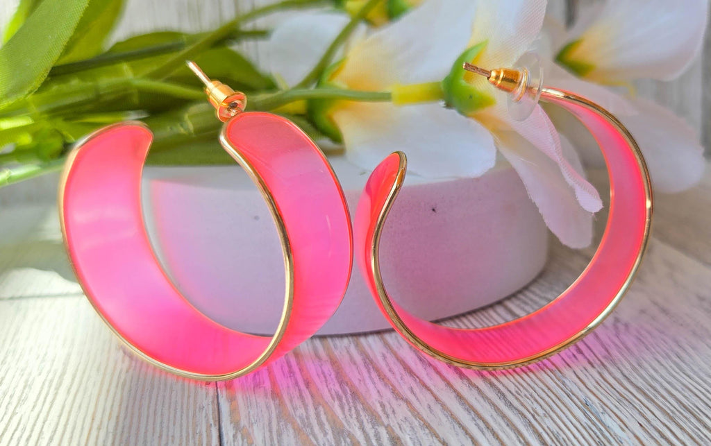 80's Fun Retro Vibes Gold Color Trim Translucent Neon Pink Boho Statement Hoop Earrings