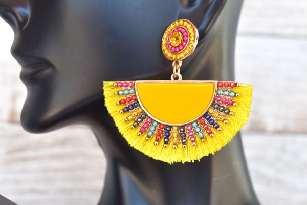 Statement Boho Yellow Fan Shape Beaded Tassel Dangle Earrings Women Gifts Vacation