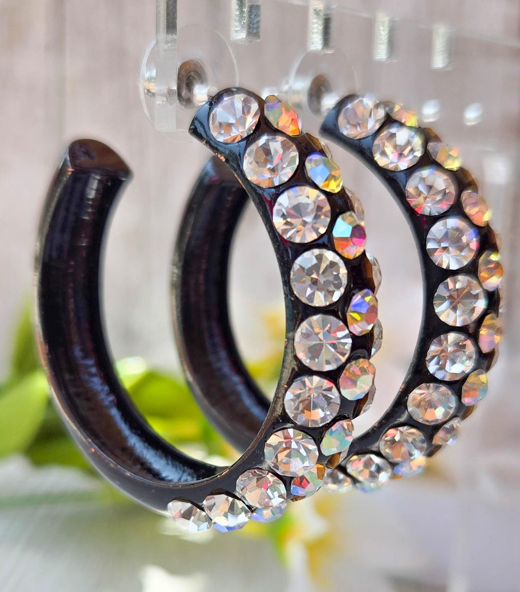 AB & Clear Large Rhinestones Bling Statement 1.75" Black Metal Hoop Earrings Night Out Boujee Evening Special Occasion Women's Jewelry