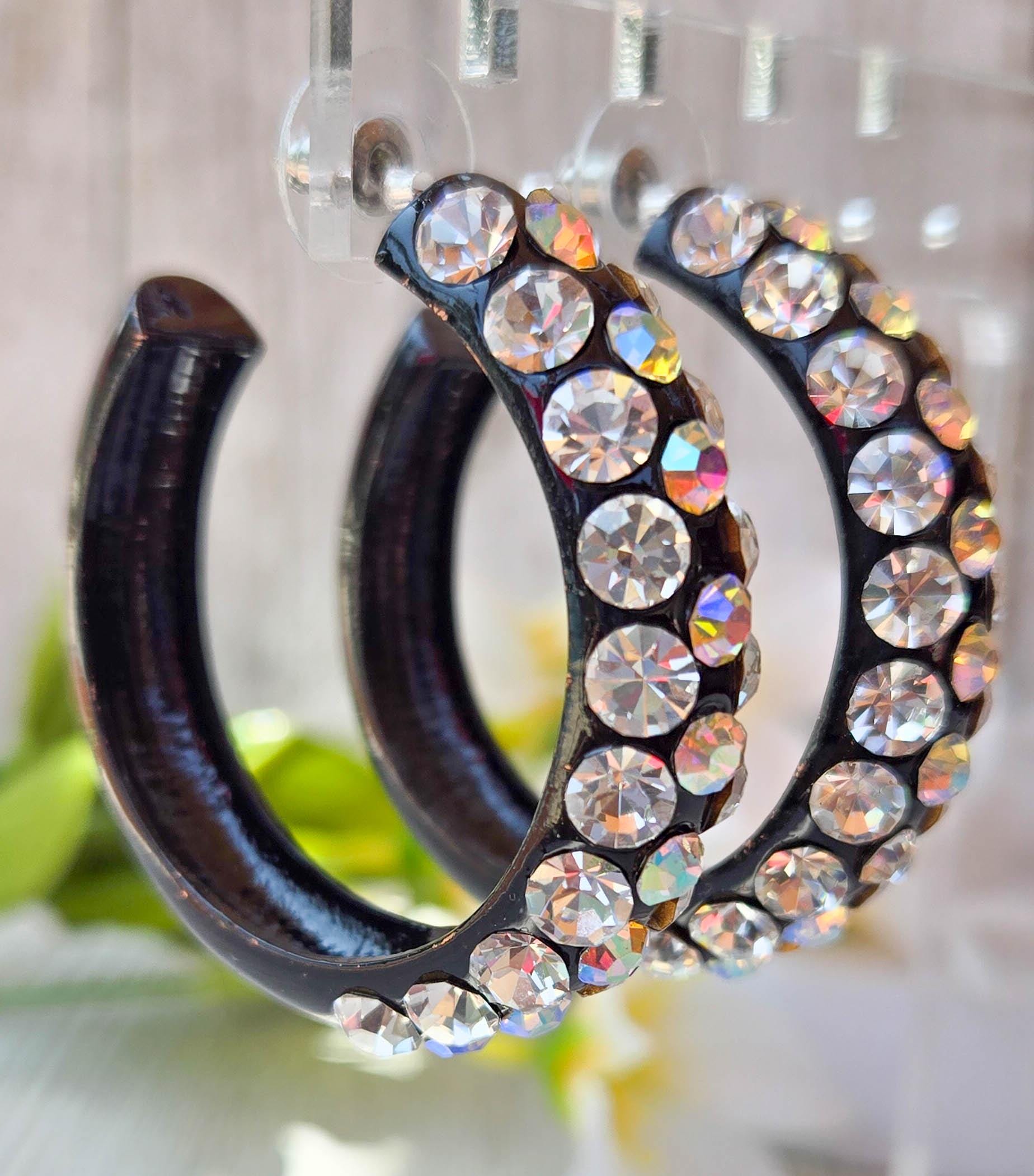 AB & Clear Large Rhinestones Bling Statement 1.75" Black Metal Hoop Earrings Night Out Boujee Evening Special Occasion Women's Jewelry