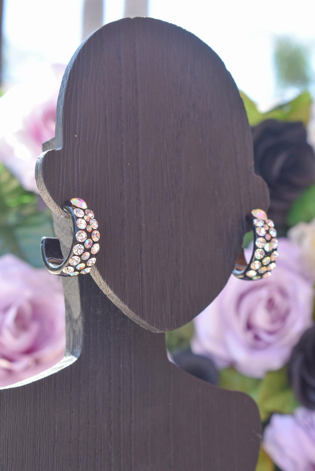 Black Bling Statement Semi Wide Clear/AB Rhinestones 1" Women's Hoop Earrings Pageant Weddings Night Out Diva Pageant