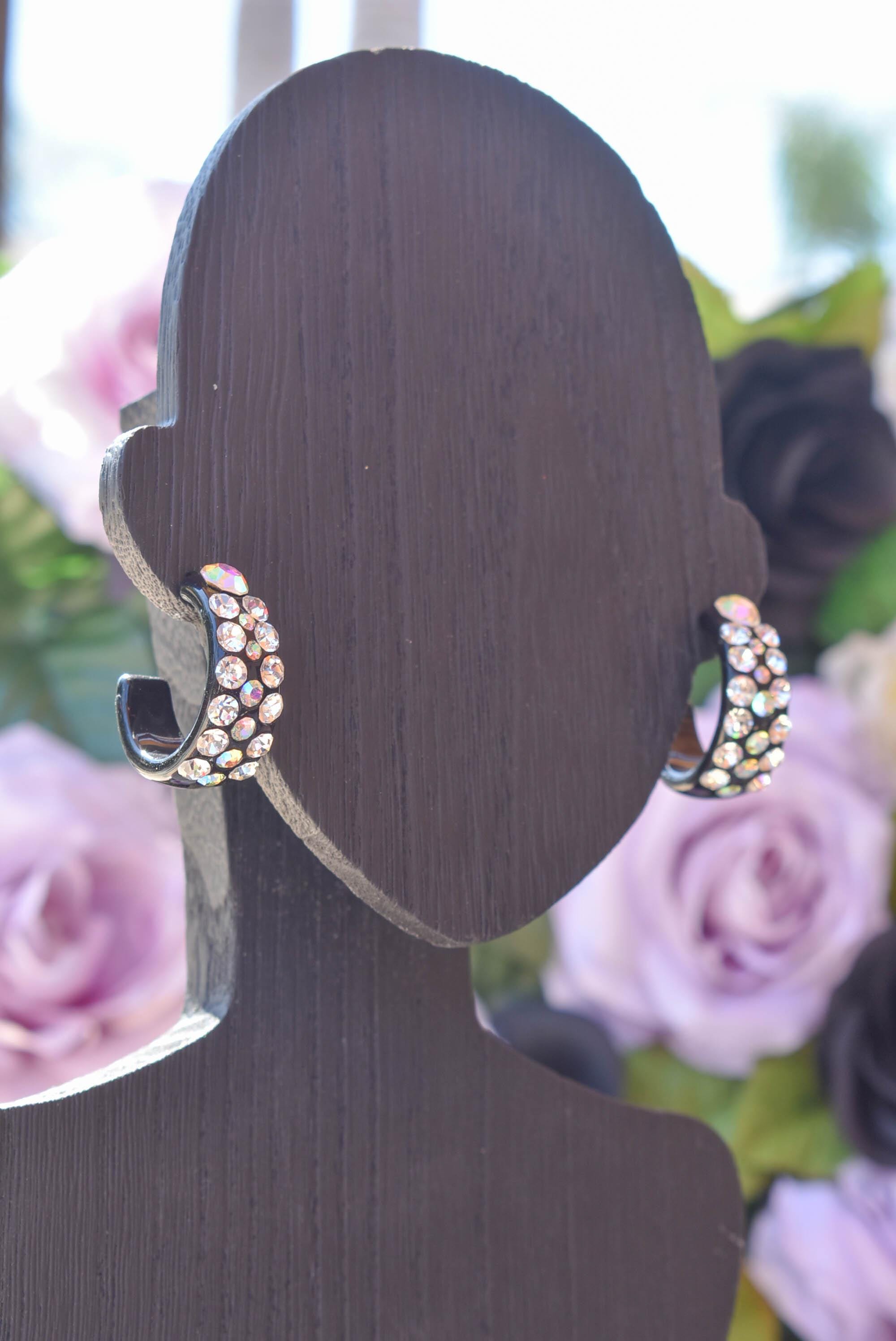 Black Bling Statement Semi Wide Clear/AB Rhinestones 1" Women's Hoop Earrings Pageant Weddings Night Out Diva Pageant