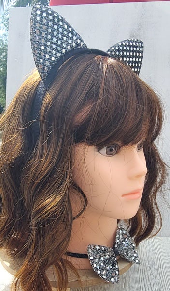 Halloween Costume Cosplay Sequin Style Silver/Black Cat Ears Headband and Matching Bow Tie Kids Adults Dress Up