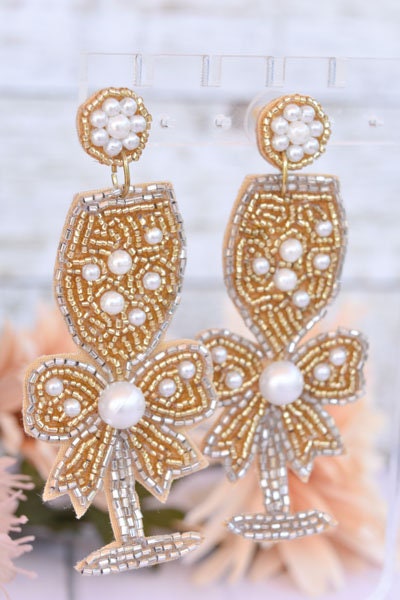 Bachelorette Bridal Shower Statement Gold Color Seed Bead Bow Accent Champagne Flute Glass Dangle Drop Earrings Women Weddings Bride