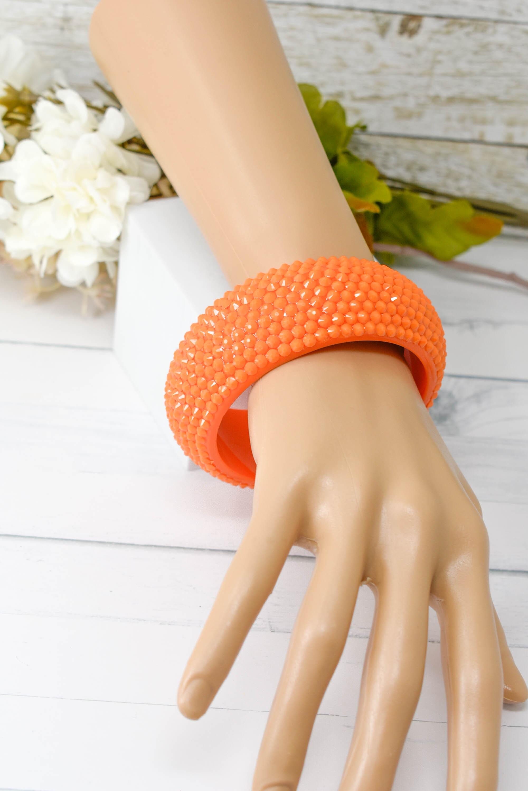 Retro Neon Orange Chunky Rhinestone Embellished Summer Bangle Bracelet Pageants Night Out Fashion Statement Bling Jewelry 80s