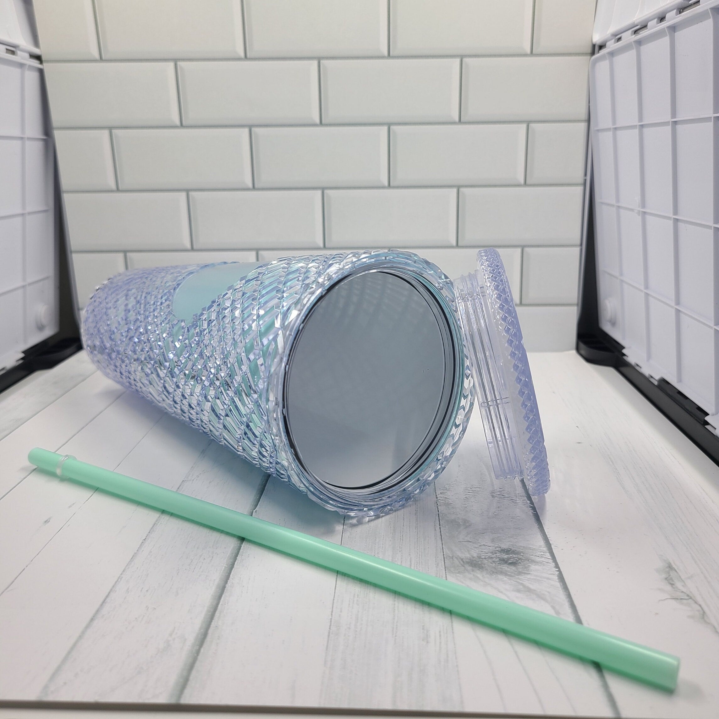 24oz Mint Shimmery Diamond Grid Studded Textured To Go Travel Tumbler Cup Blank Center Circle with Lid and Straw BPA Free