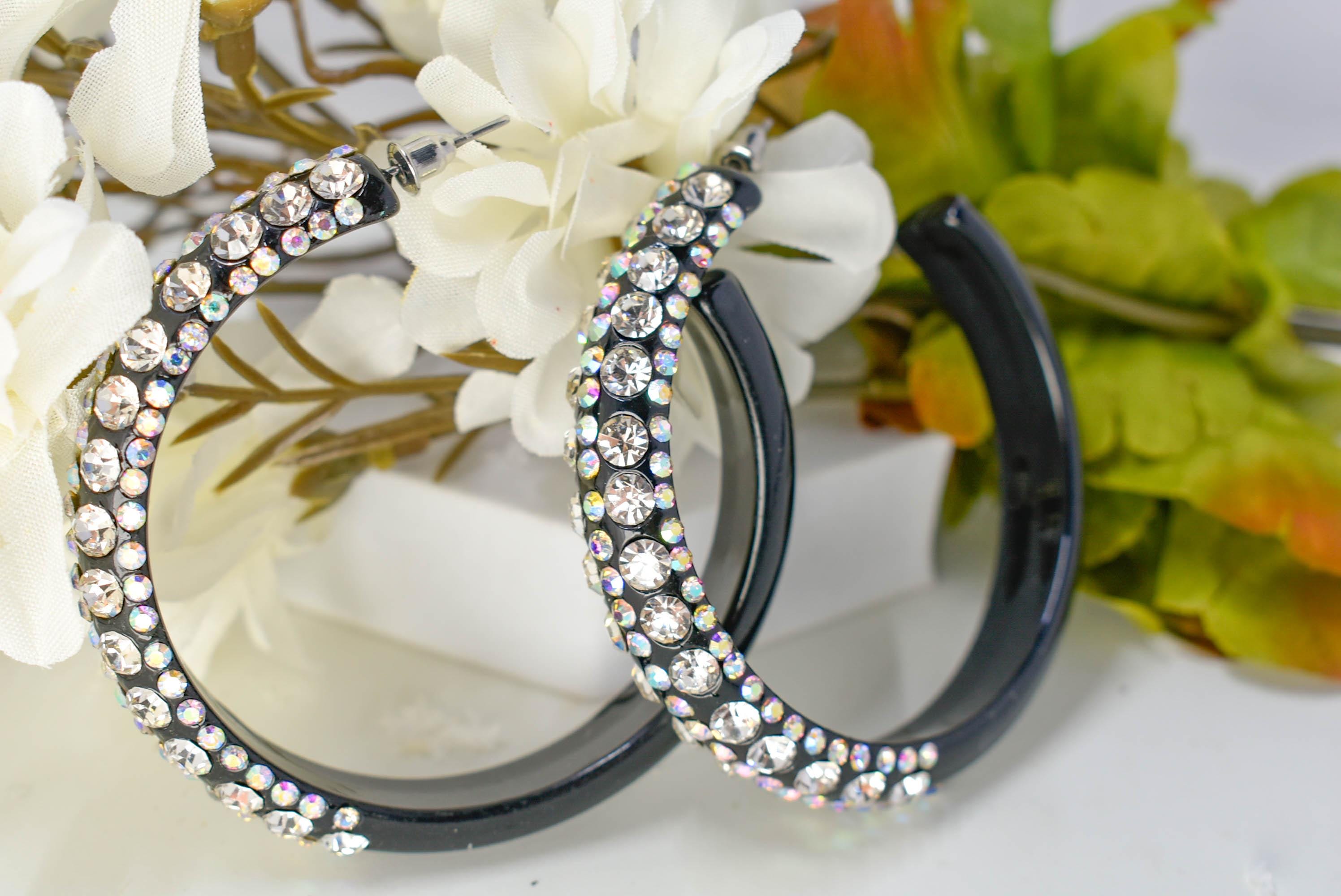 Black 5 Row Bling Statement Acrylic Lucite AB/Clear Rhinestones 2.5" Women's Hoop Earrings Pageant Weddings Night Out Diva Pageant
