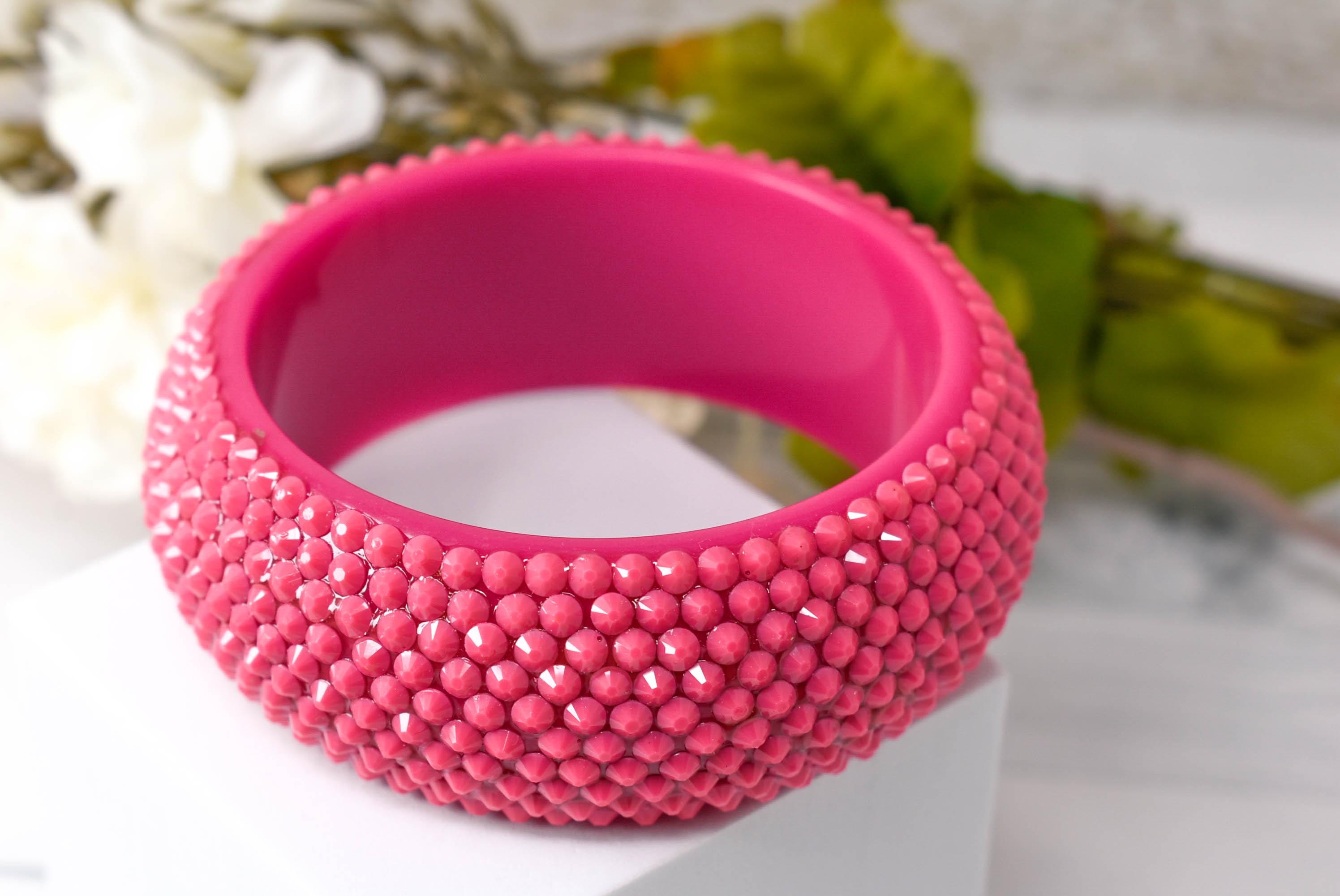 Retro Neon Pink Chunky Rhinestone Embellished Summer Bangle Bracelet