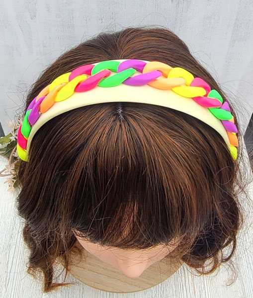 Colorful Retro 80's Vibe Satin Wide Headband with Neon Matte Chunky Chain Link Accent Costume Boho Hair Accessory Women Girls