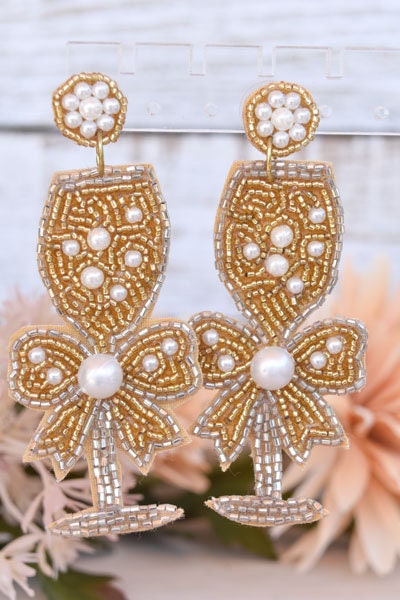 Bachelorette Bridal Shower Statement Gold Color Seed Bead Bow Accent Champagne Flute Glass Dangle Drop Earrings Women Weddings Bride